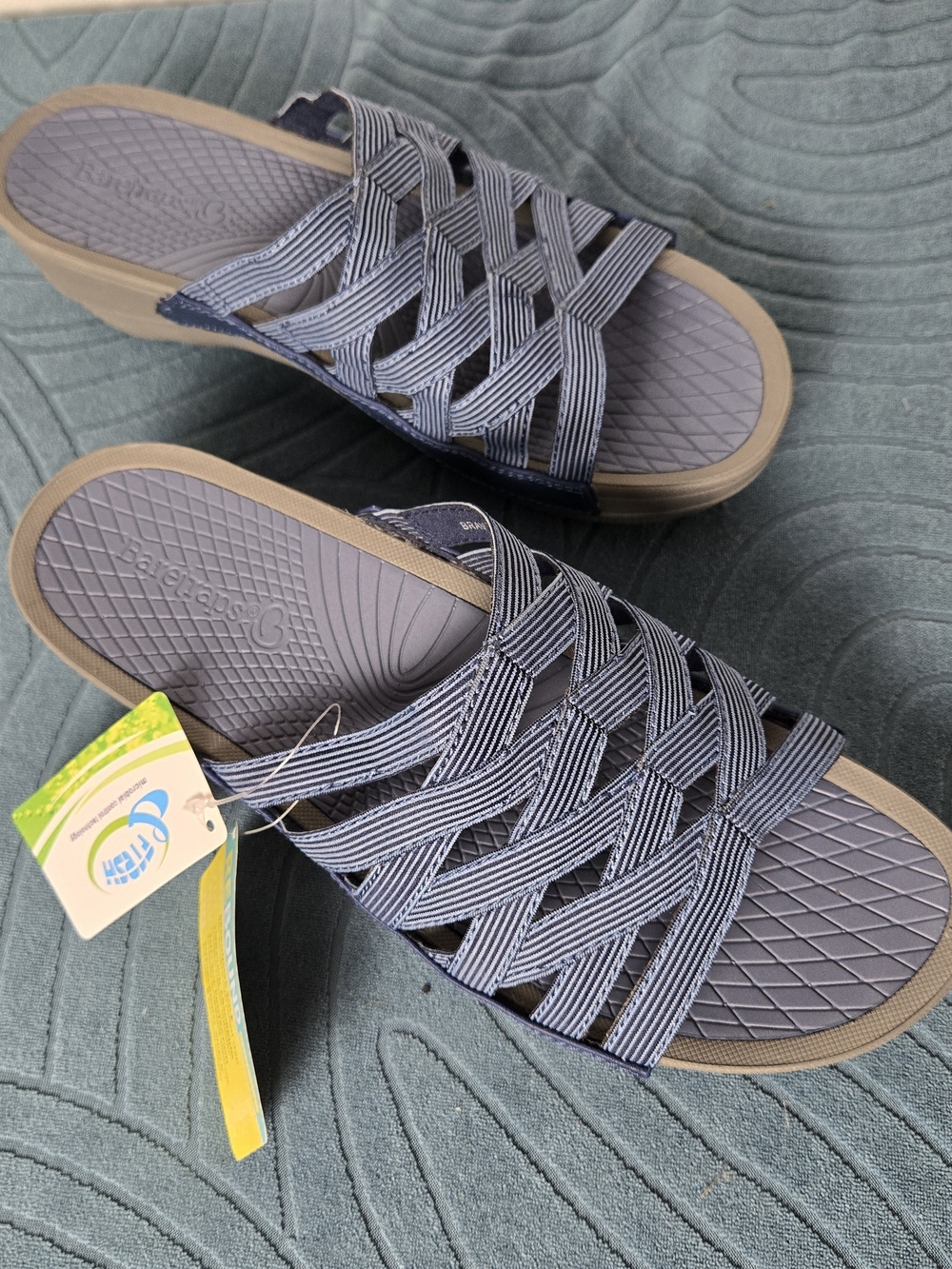 BareTraps Navy Blue Woven Slide Sandals with Tan Sole Accents
